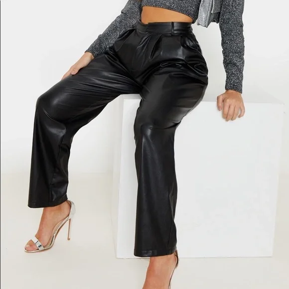 faux leather cigarette trousers PrettyLittleThing | Pants & Jumpsuits | Black Faux Leather Pleat Cigarette  Pants